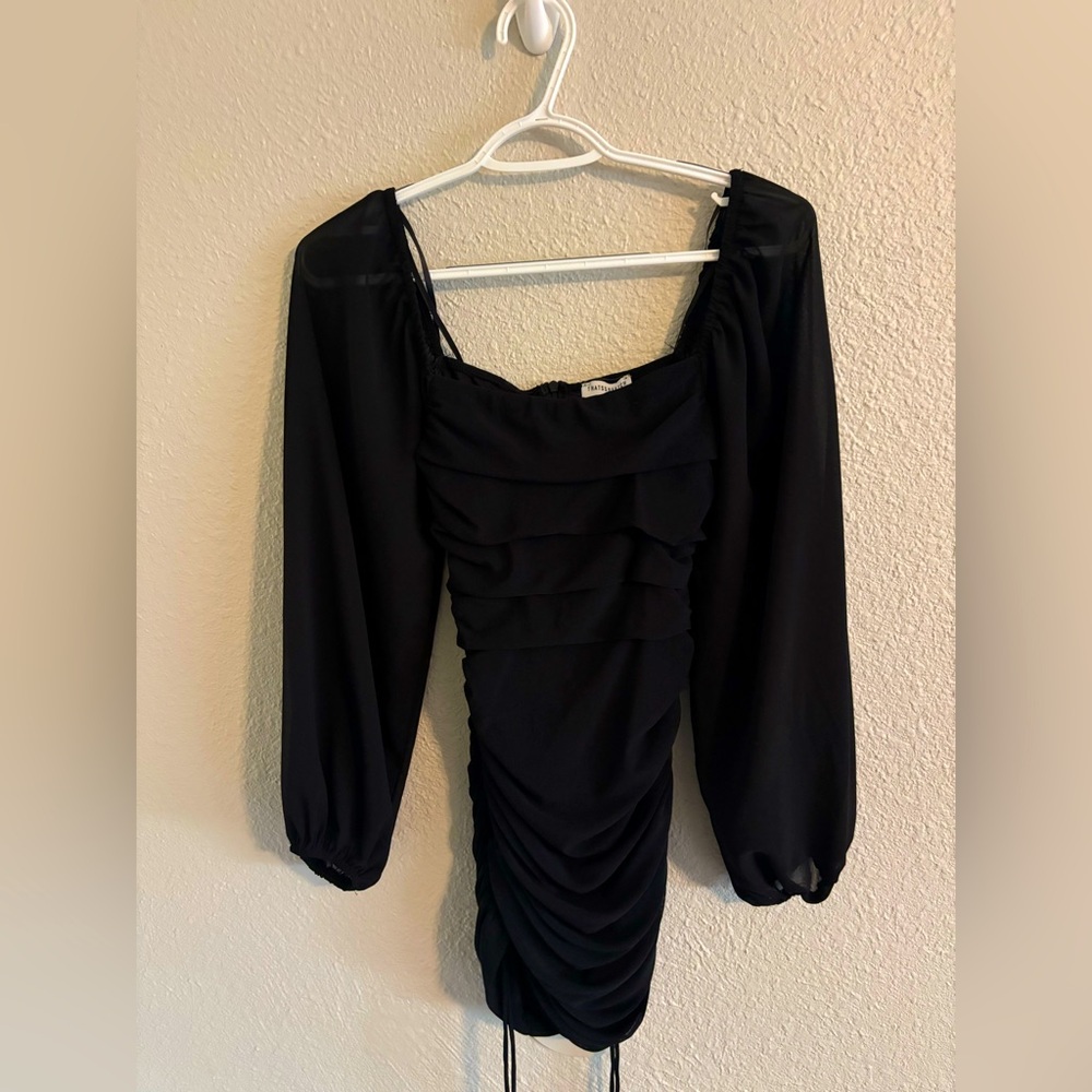Black Long-Sleeve Ruched Midi Dress